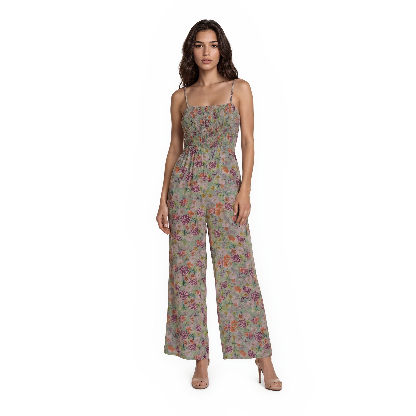 Zara Woman Jumpsuit Women's Size Xs Green Floral Smocked Wide Leg Boho